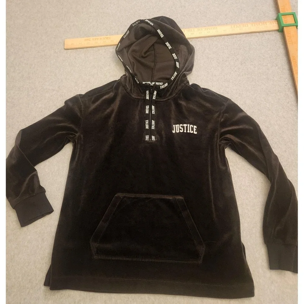 Justice Hoodie Girls Size 10 Black Velour Pullover Kangaroo Pocket Logo‎ Youth